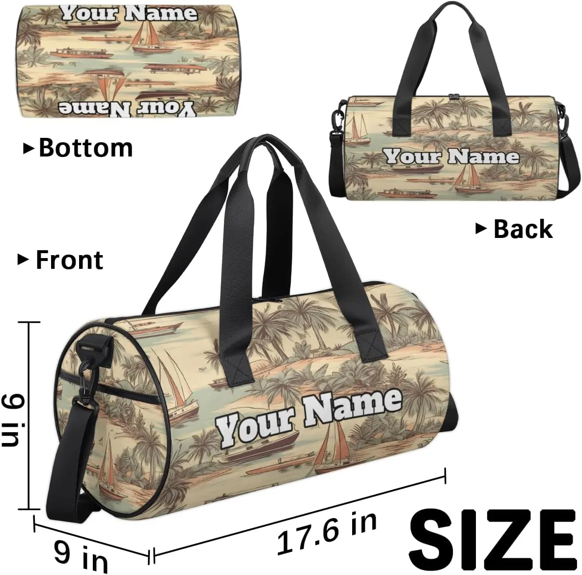 Personalized Name Gym Bag for Women, Customized Palm Trees Cylinder Sports Bags for Men, Waterproof Weekender Bag, Duffle Bags for Travel Swim Dance, Sea Beach