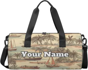 Personalized Name Gym Bag for Women, Customized Palm Trees Cylinder Sports Bags for Men, Waterproof Weekender Bag, Duffle Bags for Travel Swim Dance, Sea Beach