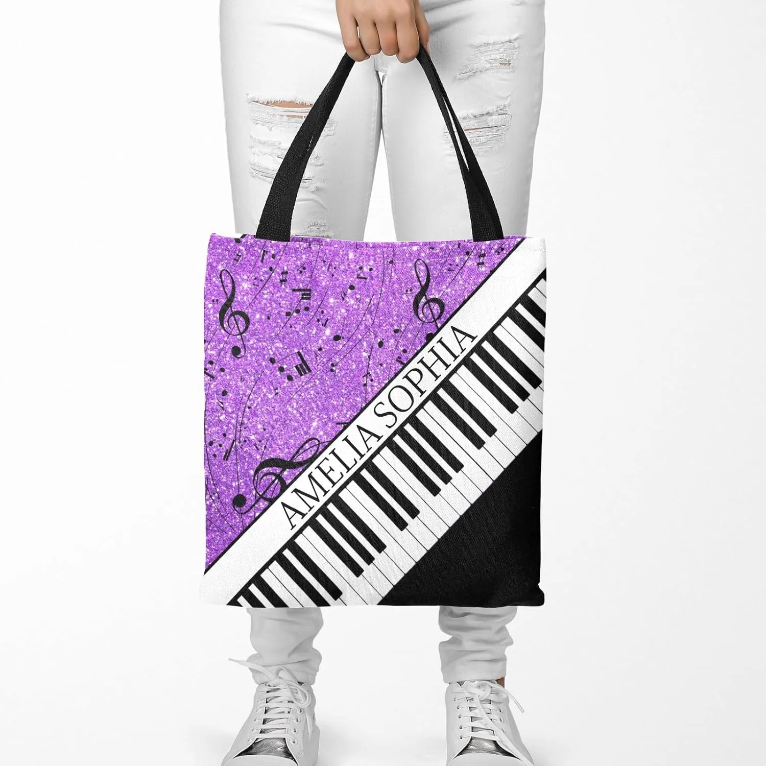 Personalized Name Ocean Glitter Music Note Piano Handbag Gift Bags Christmas Treat Bags for Holiday Party Gift Bags