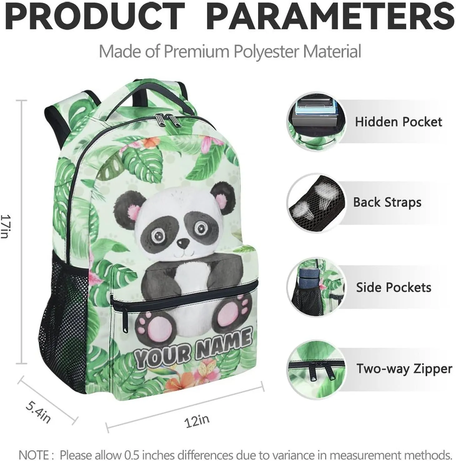 Personalized Panda School Backpack for Boys - 17 Inch Green Backpacks for Kids - Lightweight Cute Bookbag for Kindergarten