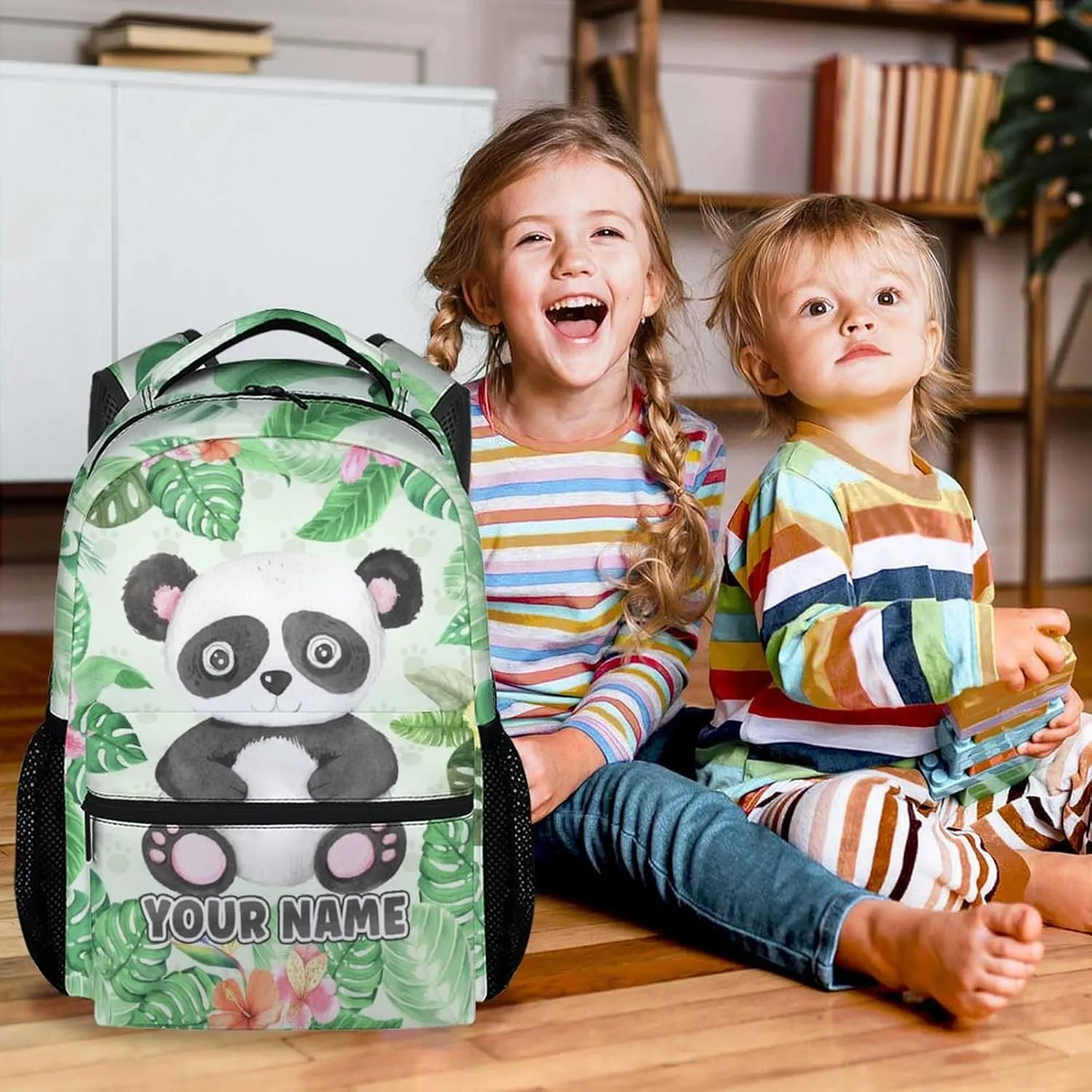 Personalized Panda School Backpack for Boys - 17 Inch Green Backpacks for Kids - Lightweight Cute Bookbag for Kindergarten