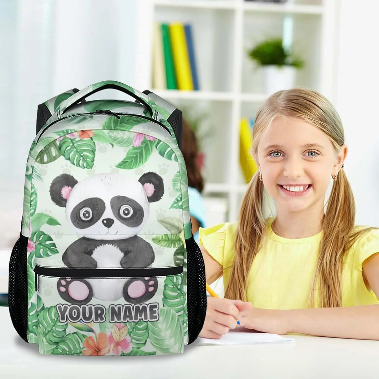 Personalized Panda School Backpack for Boys - 17 Inch Green Backpacks for Kids - Lightweight Cute Bookbag for Kindergarten