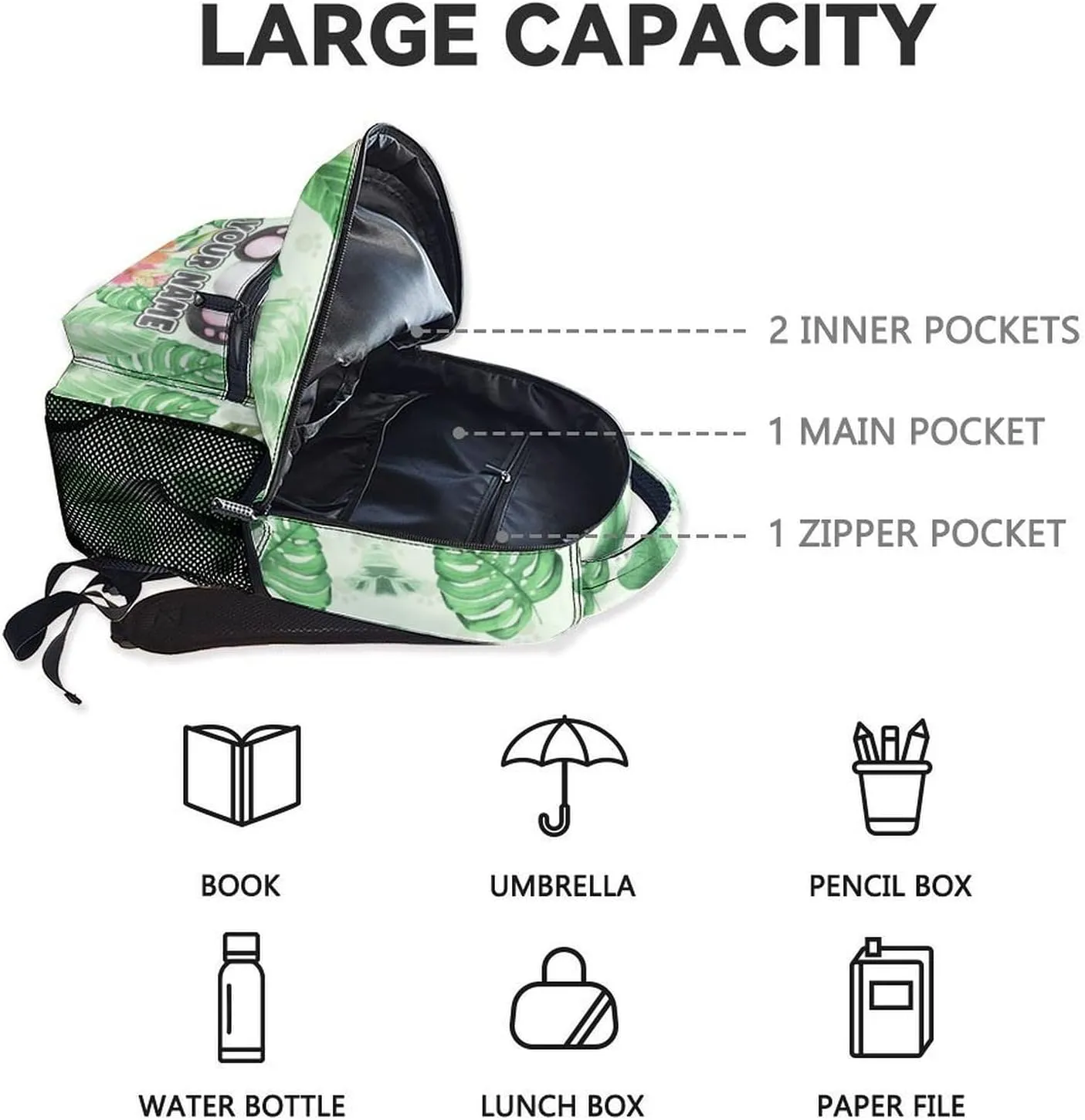 Personalized Panda School Backpack for Boys - 17 Inch Green Backpacks for Kids - Lightweight Cute Bookbag for Kindergarten