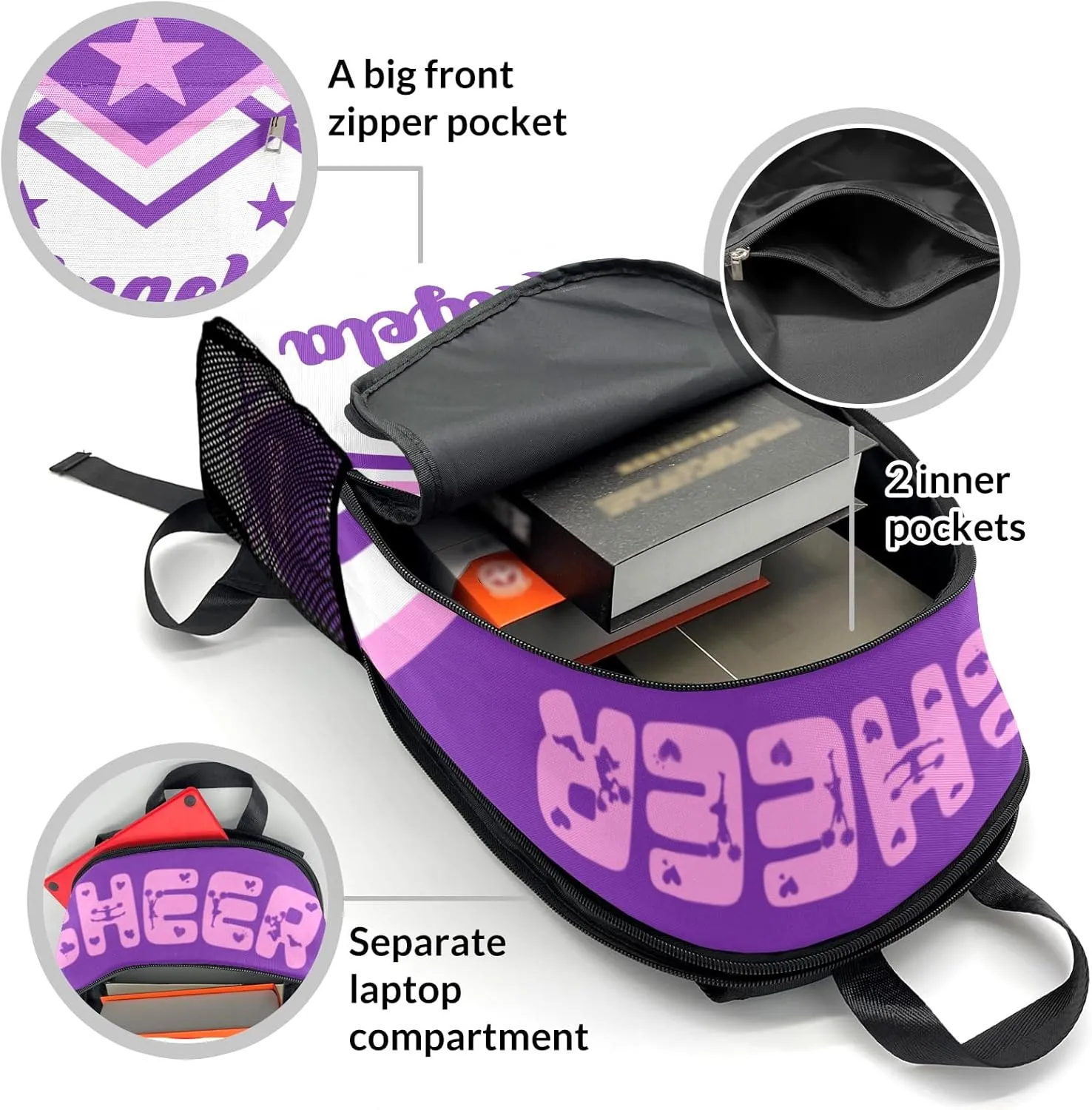 Personalized School Bags Cheer Star Cheerleaders Purple Backpack Custom Name Daypack Book Bag for Camping Sports Present