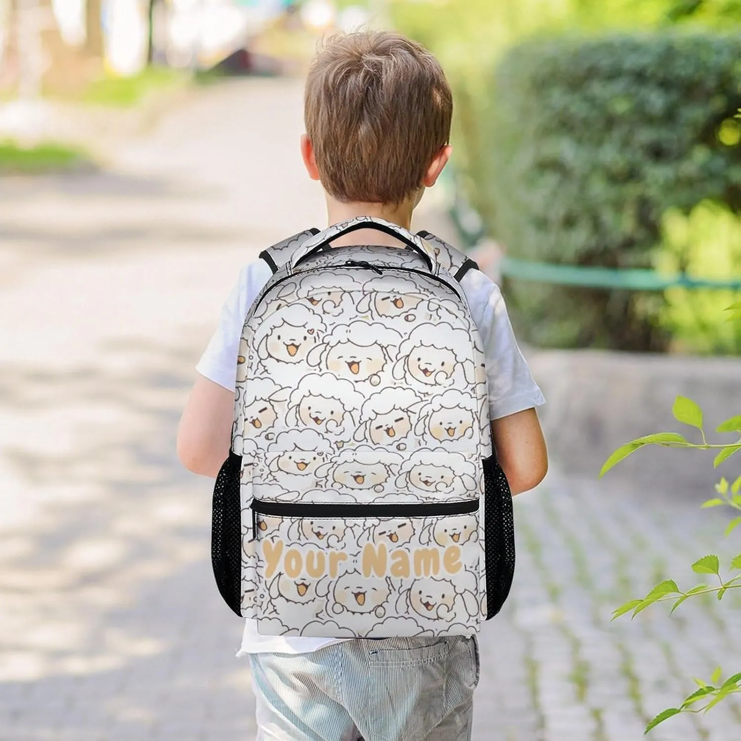 Personalized Sheep Backpack with Name - 16 Inches White Backpacks for Girls, Boys - Multipurpose Funny Bookbag for Elementary
