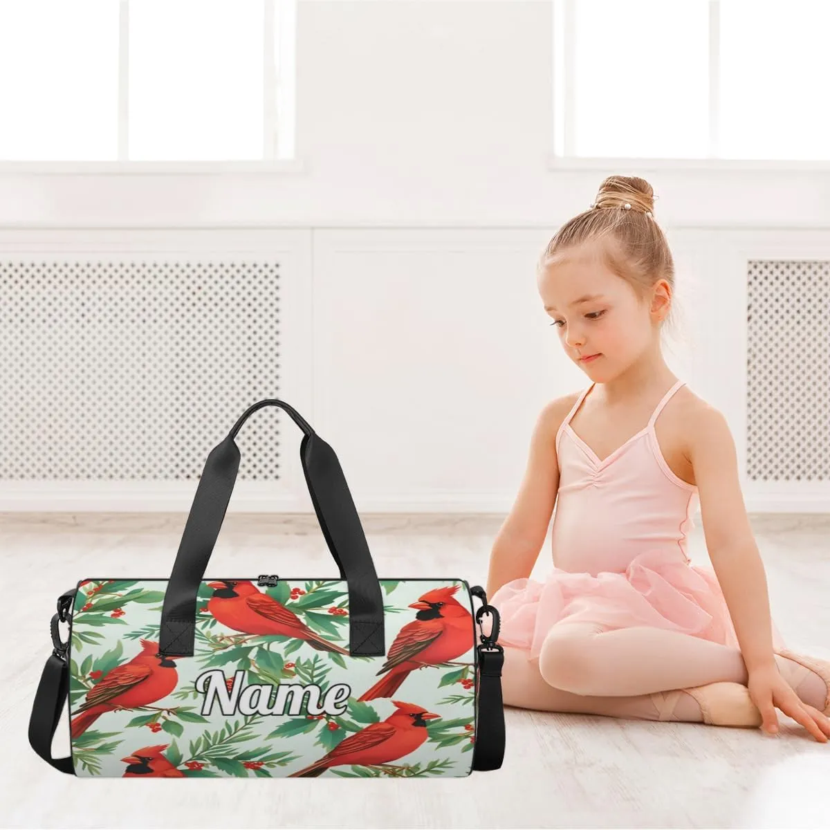 Personalized Sport Gym Bag Dance Duffle Ballet Bag Overnight Travel Sleepover Bags Swimming Hiking Camping, Winter Red Bird
