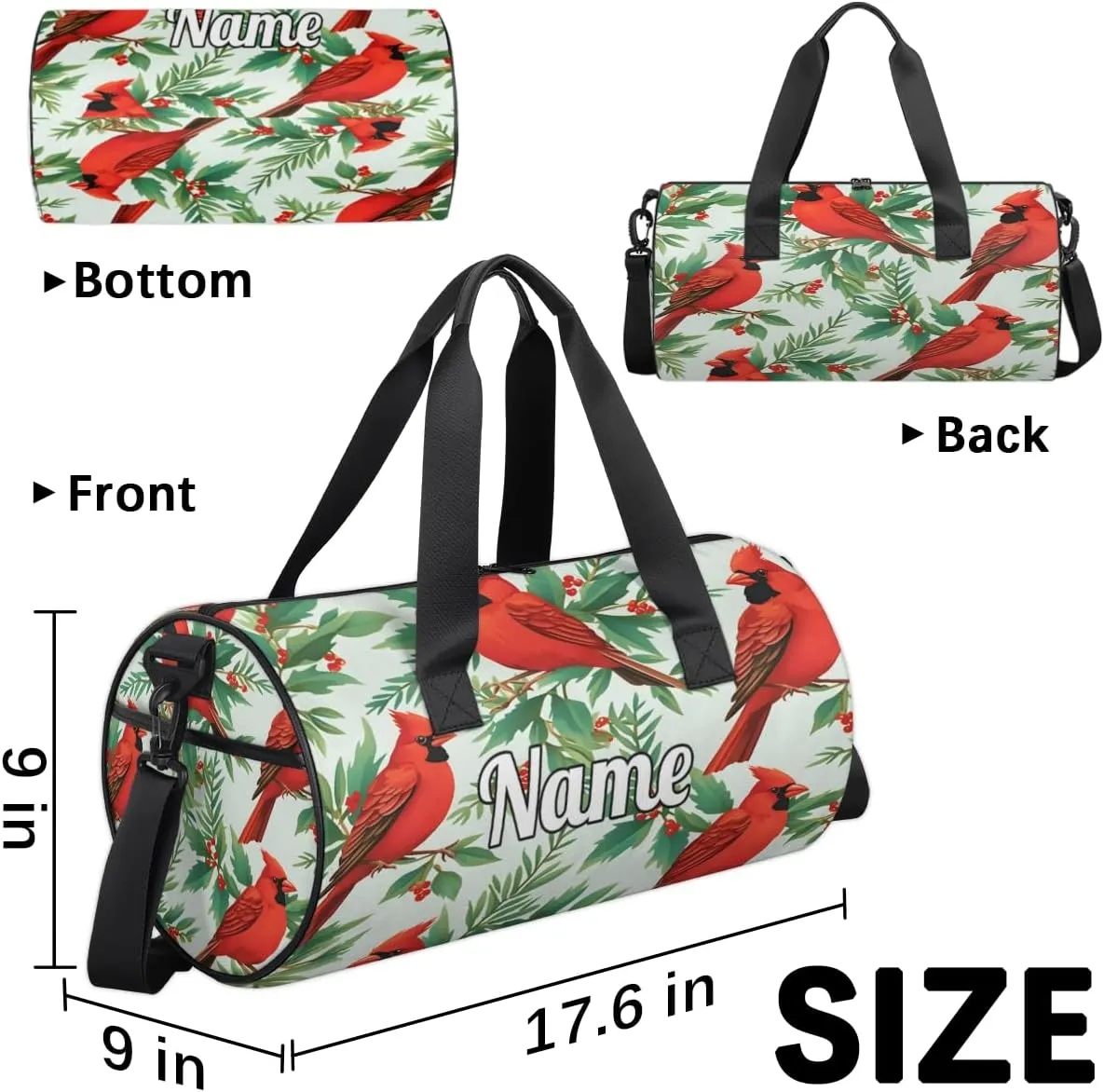 Personalized Sport Gym Bag Dance Duffle Ballet Bag Overnight Travel Sleepover Bags Swimming Hiking Camping, Winter Red Bird