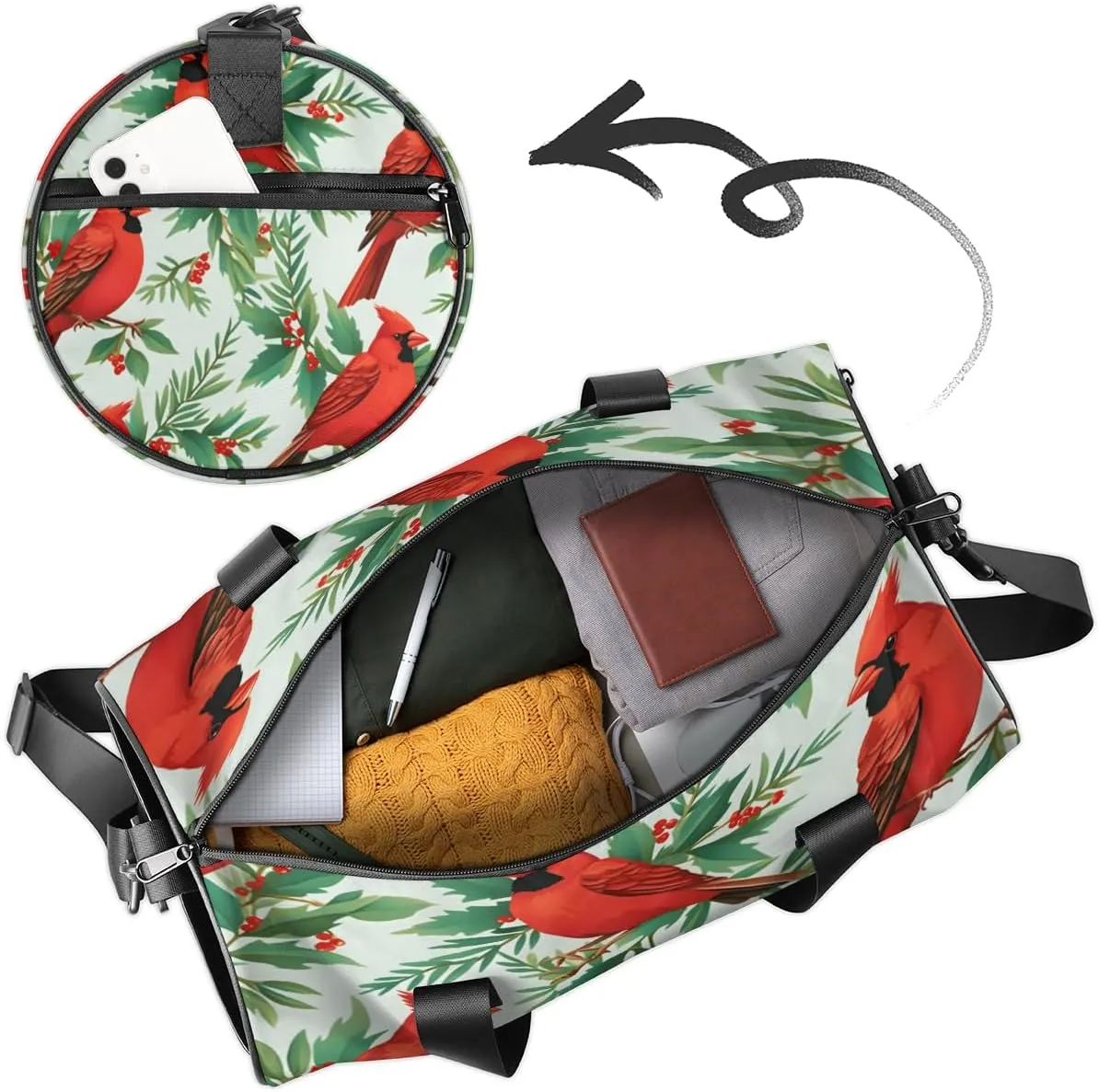 Personalized Sport Gym Bag Dance Duffle Ballet Bag Overnight Travel Sleepover Bags Swimming Hiking Camping, Winter Red Bird