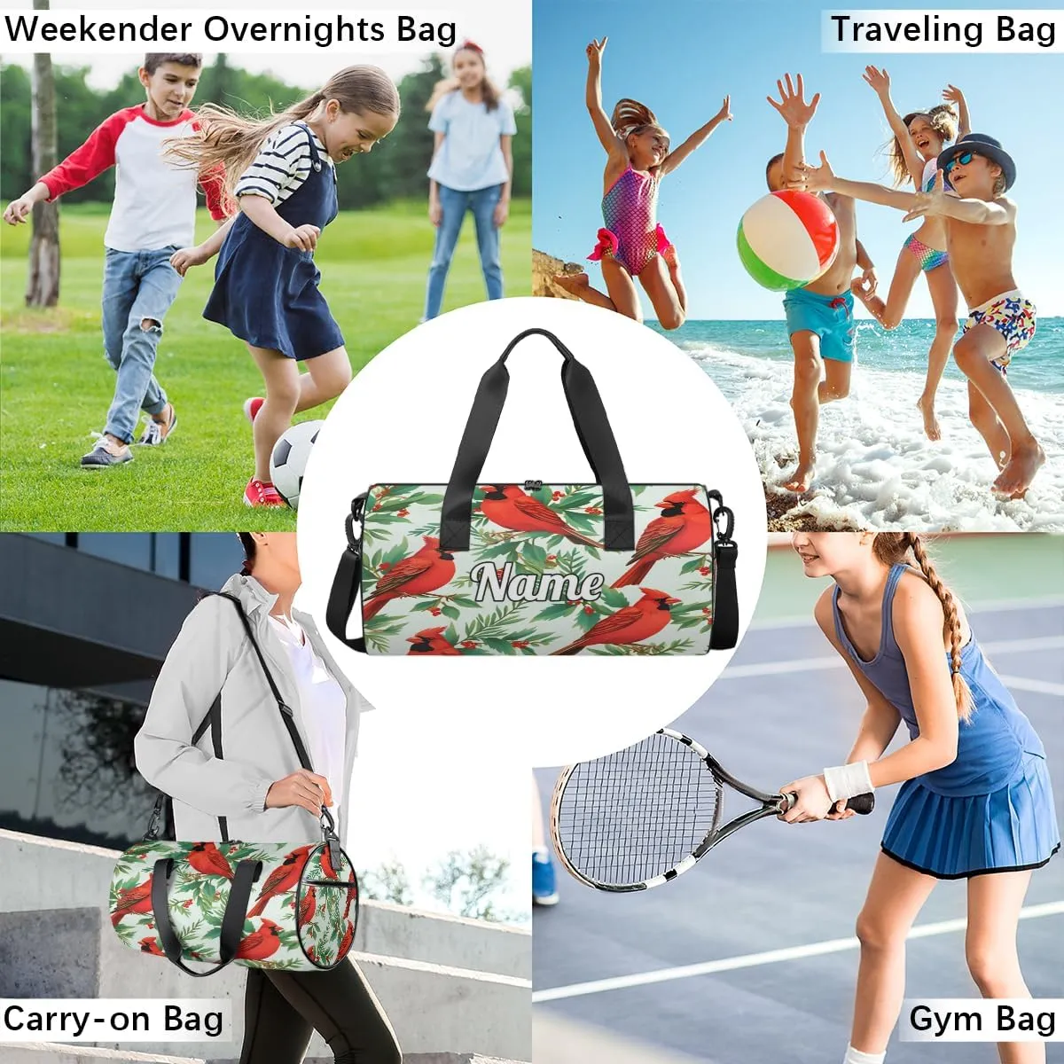Personalized Sport Gym Bag Dance Duffle Ballet Bag Overnight Travel Sleepover Bags Swimming Hiking Camping, Winter Red Bird