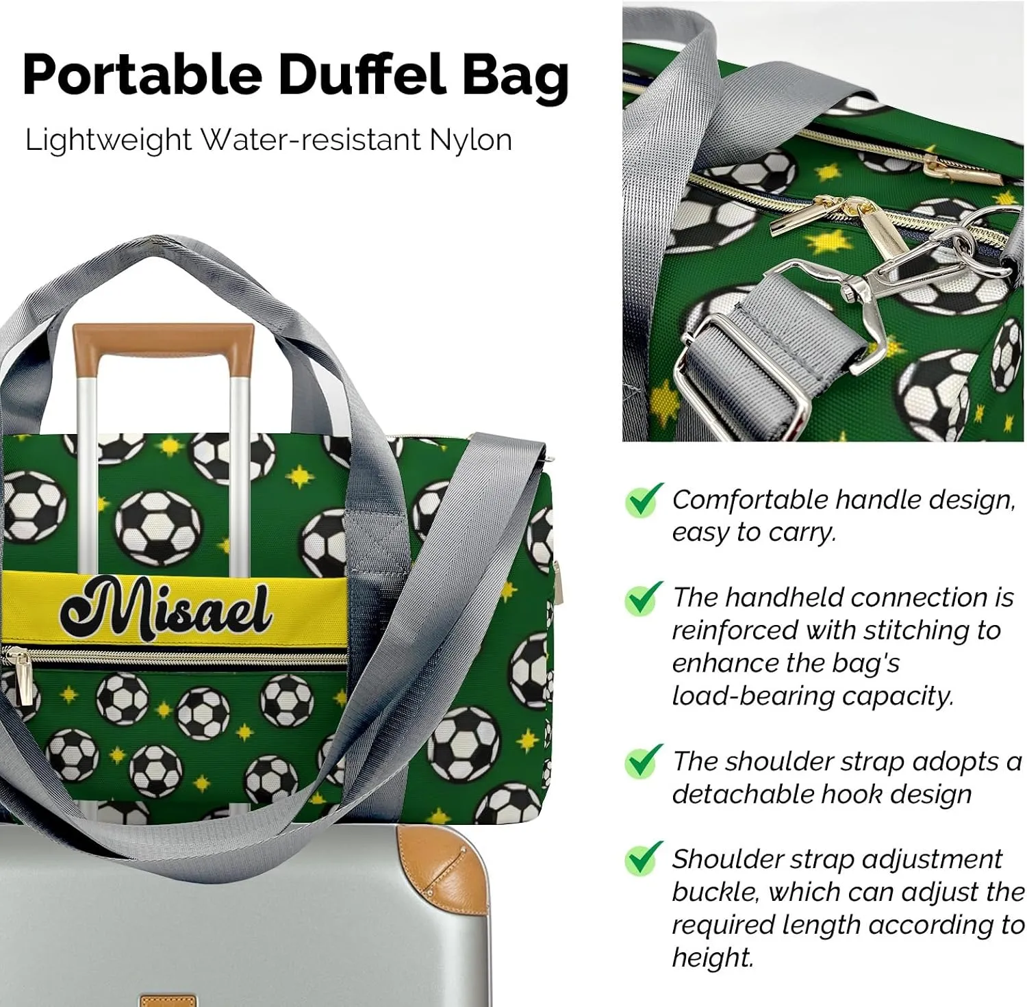 Personalized Sport Soccer Star Green Balls Duffel Bag for Boys,Customized Sport Player Travel Bag for Boys Man Gifts