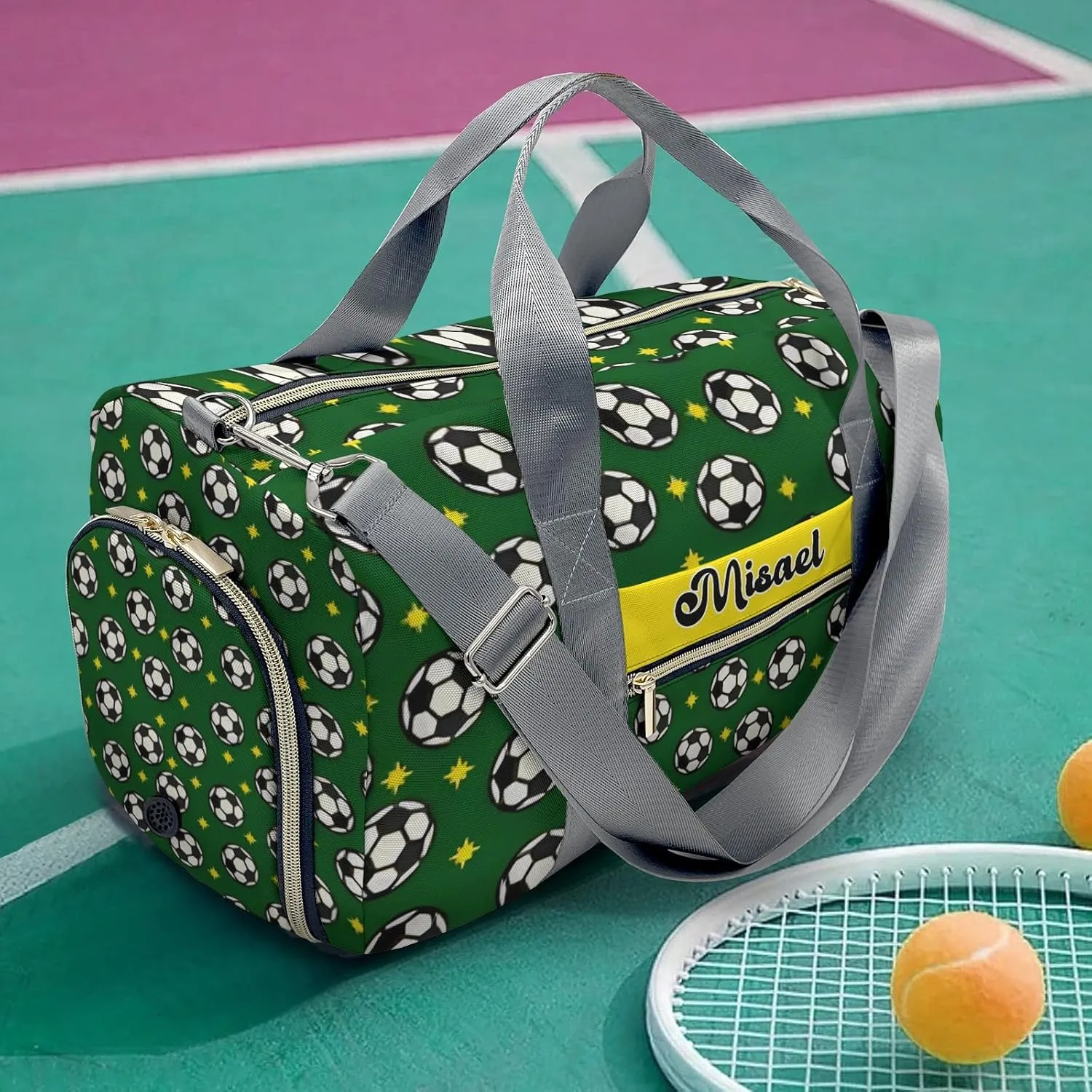 Personalized Sport Soccer Star Green Balls Duffel Bag for Boys,Customized Sport Player Travel Bag for Boys Man Gifts