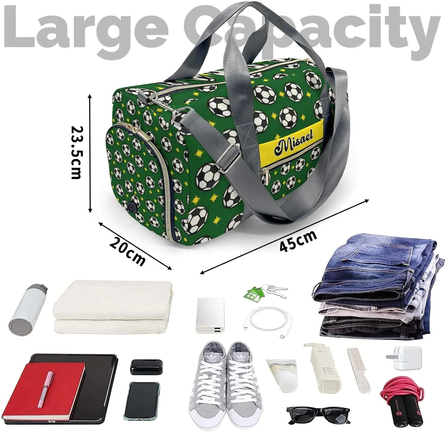 Personalized Sport Soccer Star Green Balls Duffel Bag for Boys,Customized Sport Player Travel Bag for Boys Man Gifts