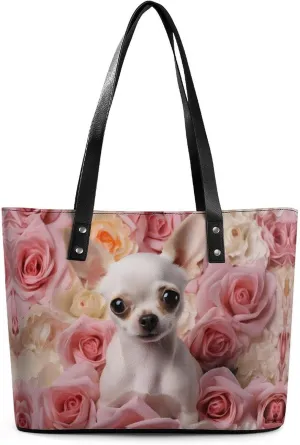 Pet Dog Chihuahua with Rose Flower Leather Handbags for Women Shoulder Tote Crossbody Travel Purses with Zippered