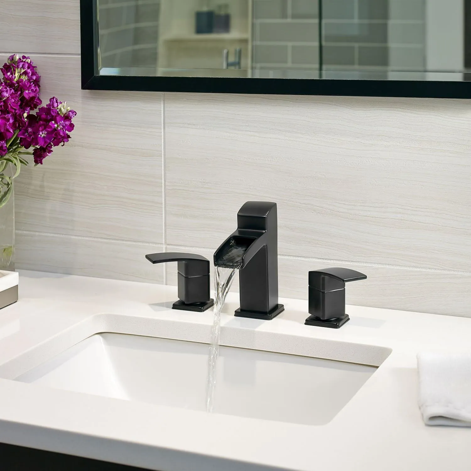 Pfister LG49DF0B Kenzo 2-Handle 8" Widespread Waterfall Bathroom Faucet in Matte Black, Water-Efficient Model