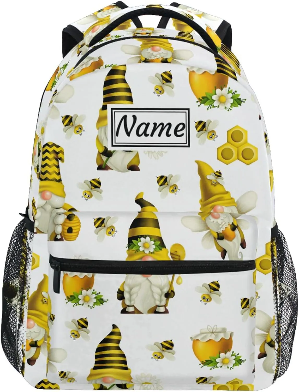 Pfrewn Custom Backpacks Personalized Gnome Bees Flying Dwarf Daisy Bookbag with Name Boys Girls School Backpack 16"