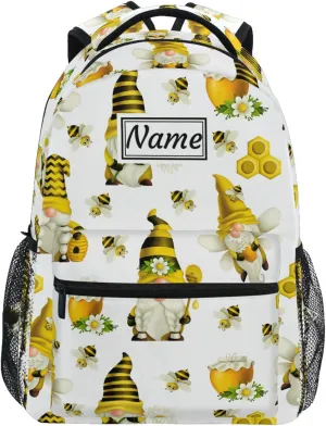 Pfrewn Custom Backpacks Personalized Gnome Bees Flying Dwarf Daisy Bookbag with Name Boys Girls School Backpack 16"