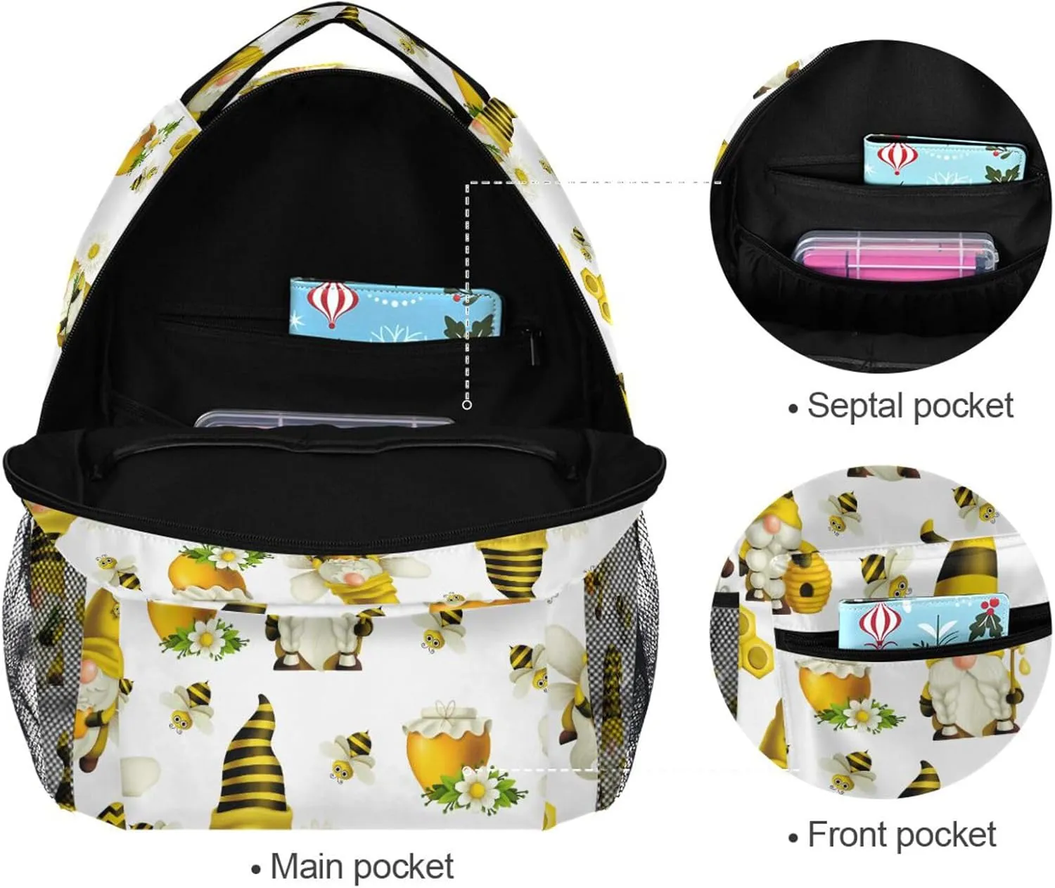 Pfrewn Custom Backpacks Personalized Gnome Bees Flying Dwarf Daisy Bookbag with Name Boys Girls School Backpack 16"