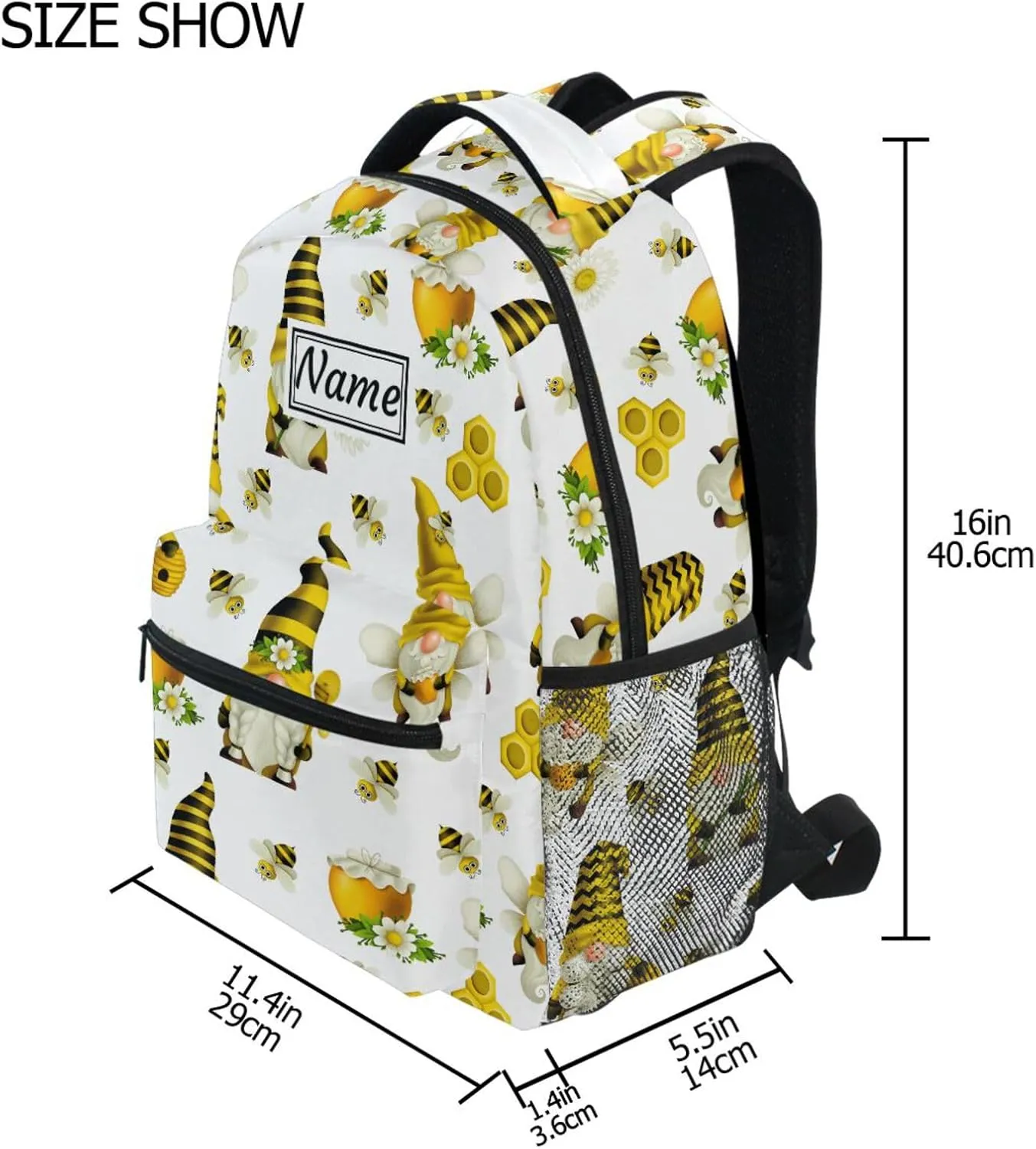 Pfrewn Custom Backpacks Personalized Gnome Bees Flying Dwarf Daisy Bookbag with Name Boys Girls School Backpack 16"