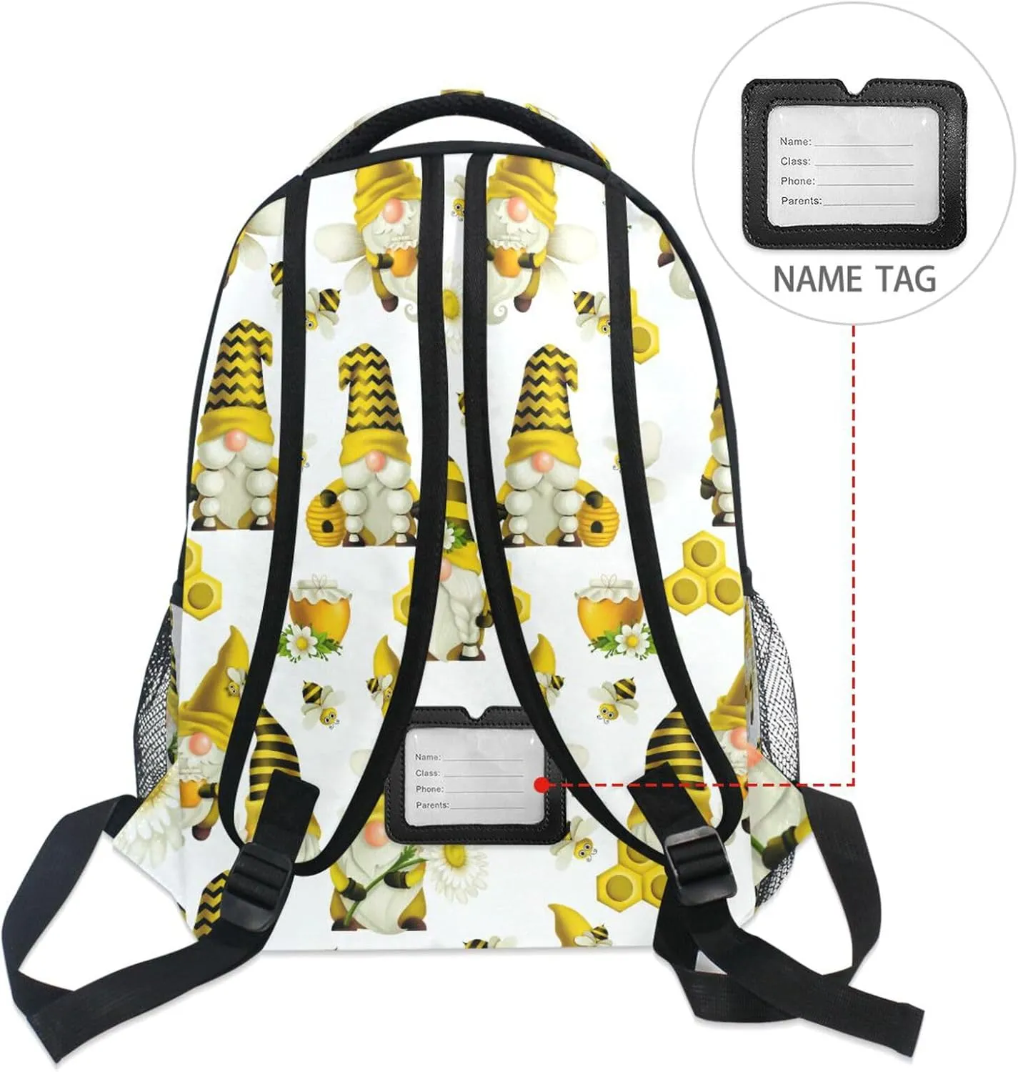 Pfrewn Custom Backpacks Personalized Gnome Bees Flying Dwarf Daisy Bookbag with Name Boys Girls School Backpack 16"