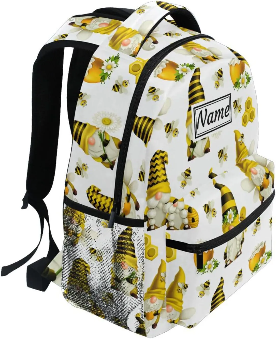 Pfrewn Custom Backpacks Personalized Gnome Bees Flying Dwarf Daisy Bookbag with Name Boys Girls School Backpack 16"