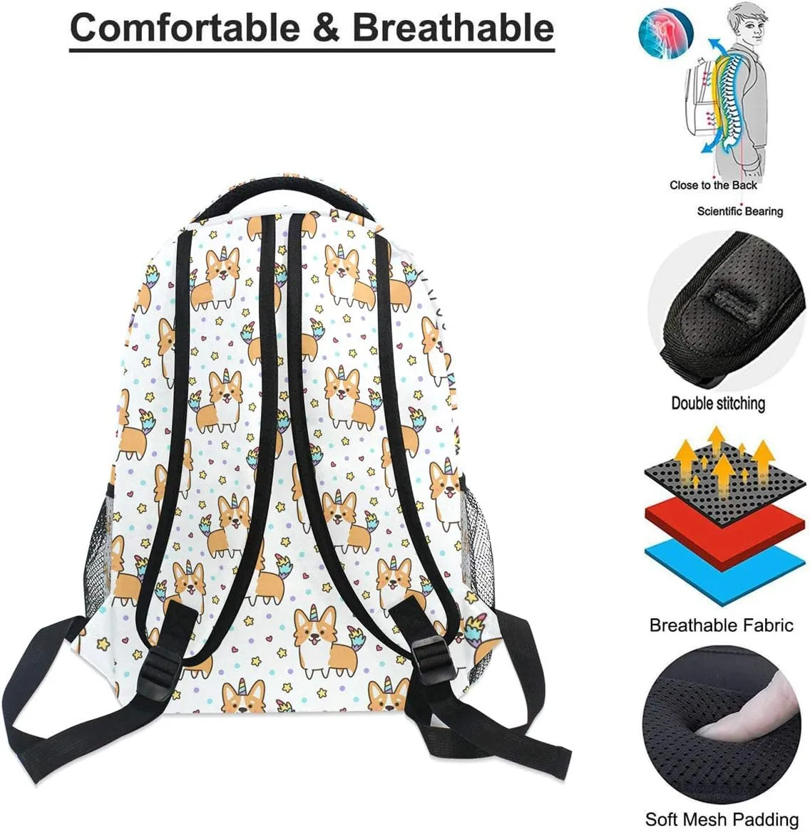 Pfrewn Wamika Welsh Corgi Dog Unicorn Backpacks for Kids Women Men, Dogs Design Computer Laptop Backpack, Casual Book Bag Travel Camping Daypack