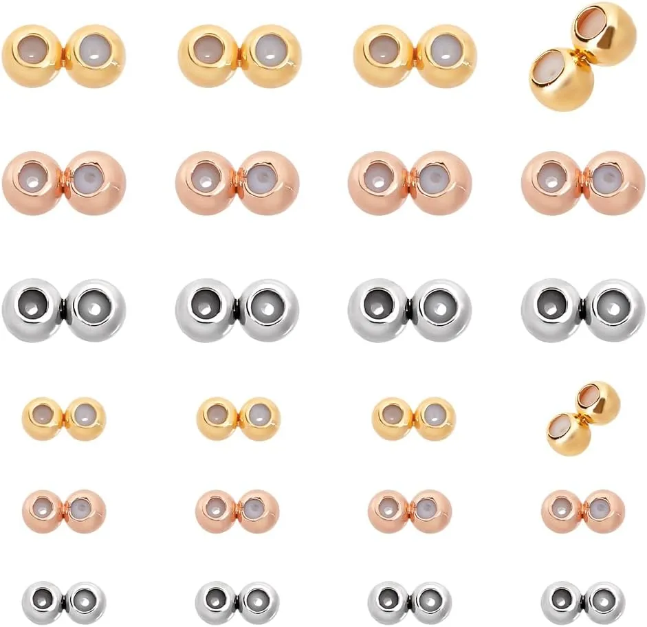 PH PandaHall 24PCS 18K Gold Plated Round Stopper Beads, 2 Sizes Double Hole Silicone Slider Brass Spacer Beads for DIY Bracelet Necklace Earring Jewelry Making