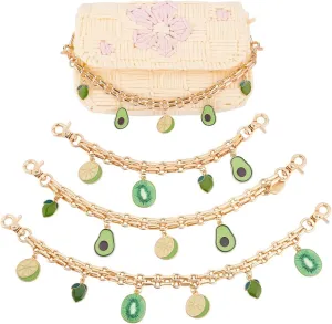 PH PandaHall 3 Sizes Golden Purse Chain with Fruit Pendants, 8~12 inch Bag Strap Handle Bag Chain Wallet Chain Metal Purse Extender Strap with Green Enamel Pendants for Crossbody Shoulder Bag Handbag