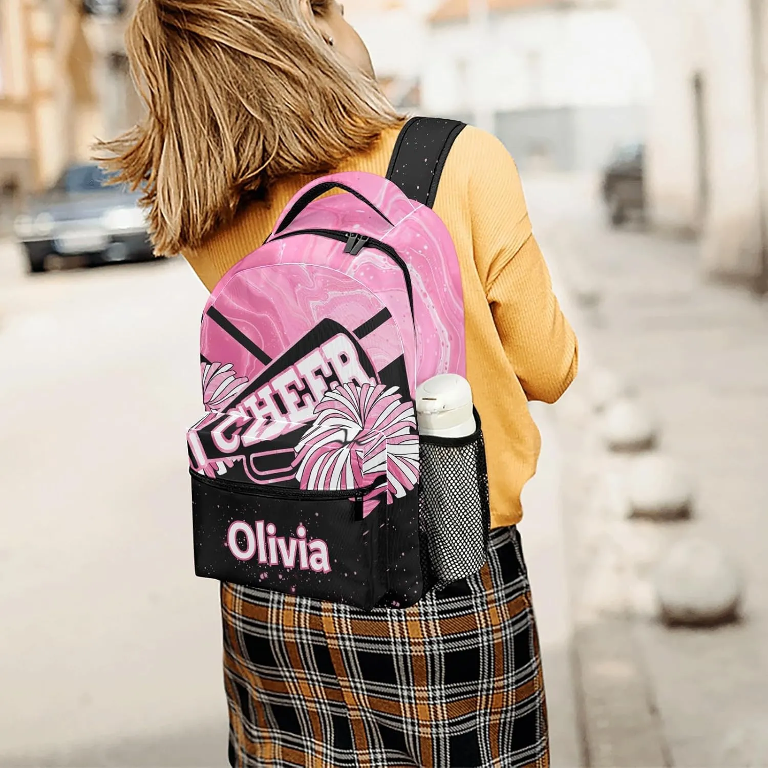 Pink Cheer Custom Name Backpack with Chest Strap Waterproof Durable Casual Bag
