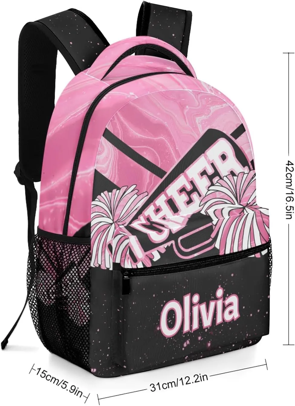 Pink Cheer Custom Name Backpack with Chest Strap Waterproof Durable Casual Bag