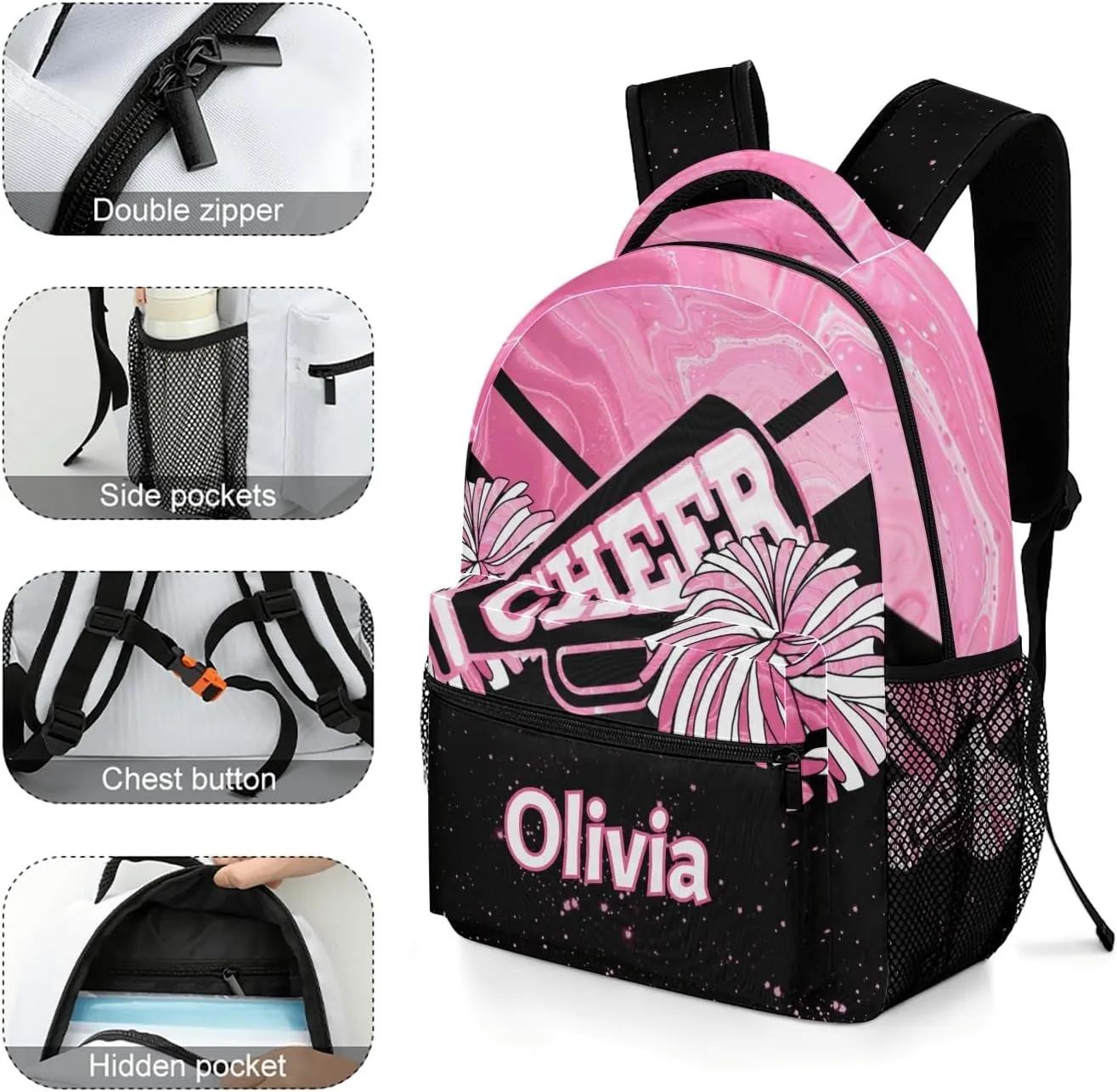 Pink Cheer Custom Name Backpack with Chest Strap Waterproof Durable Casual Bag