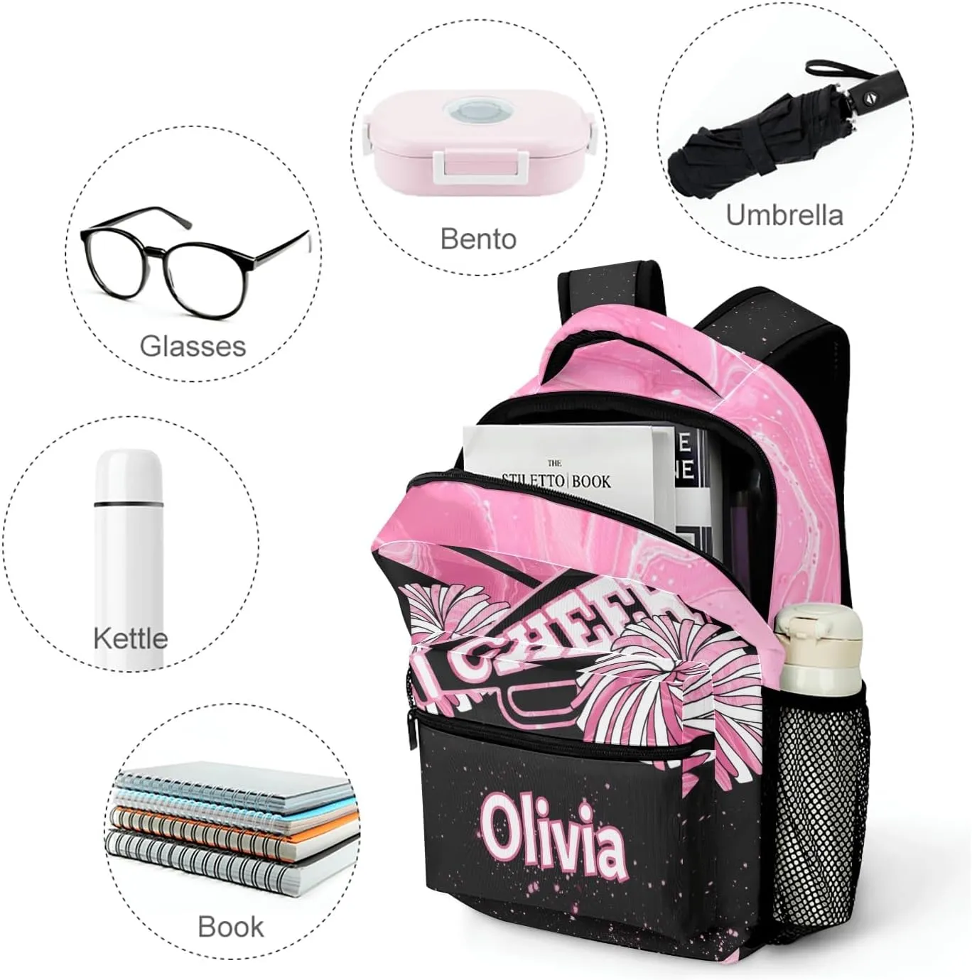 Pink Cheer Custom Name Backpack with Chest Strap Waterproof Durable Casual Bag