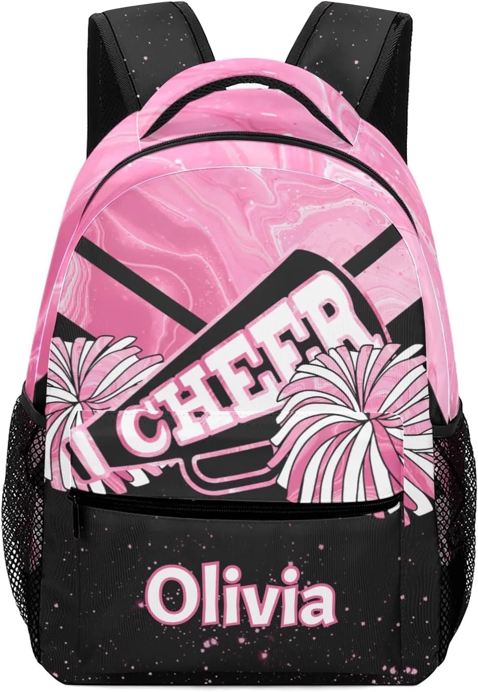 Pink Cheer Custom Name Backpack with Chest Strap Waterproof Durable Casual Bag