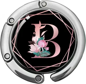 Pink Initial Foldable Purse Hook, Flower Letter Handbag Hanger, Women's Bag Hanger Hook, Round Purse Table Hook, Funny Desk Hook Gift for Family Colleague Friend Office Worker (Flower B)