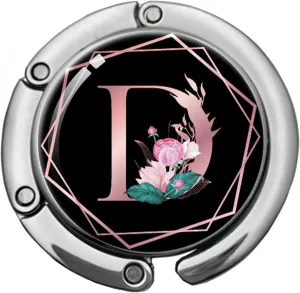 Pink Initial Foldable Purse Hook, Flower Letter Handbag Hanger, Women's Bag Hanger Hook, Round Purse Table Hook, Funny Desk Hook Gift for Family Colleague Friend Office Worker (Flower D)