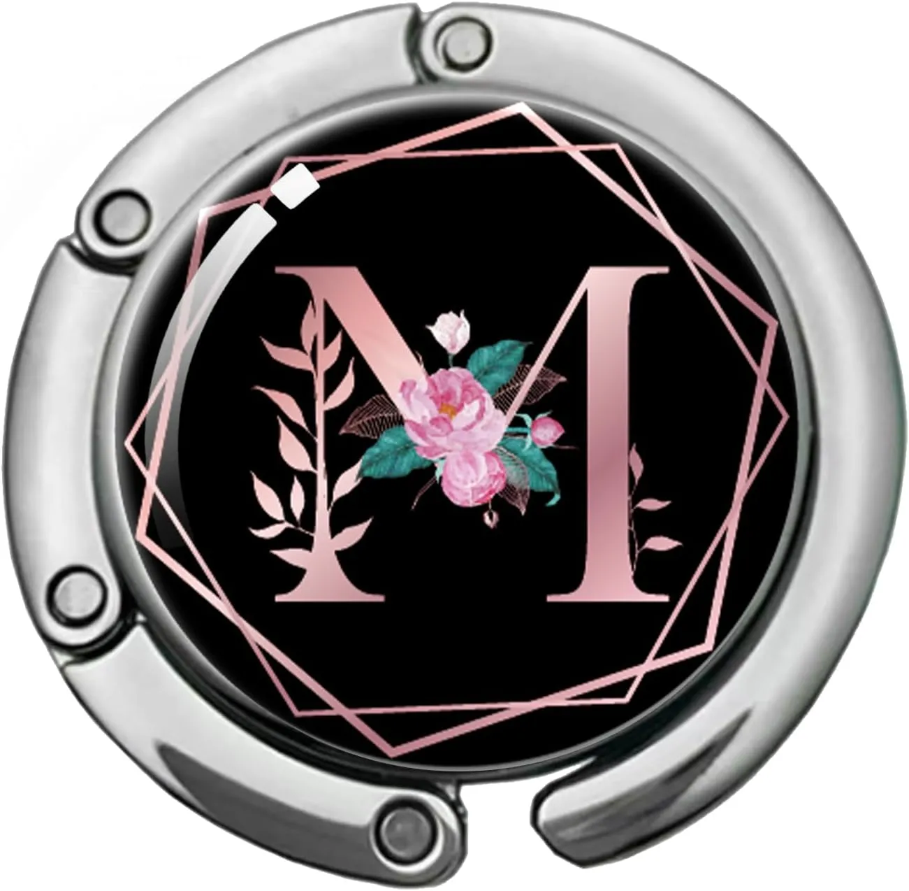 Pink Initial Foldable Purse Hook, Flower Letter Handbag Hanger, Women's Bag Hanger Hook, Round Purse Table Hook, Funny Desk Hook Gift for Family Colleague Friend Office Worker (Flower M)