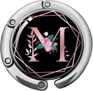 Pink Initial Foldable Purse Hook, Flower Letter Handbag Hanger, Women's Bag Hanger Hook, Round Purse Table Hook, Funny Desk Hook Gift for Family Colleague Friend Office Worker (Flower M)