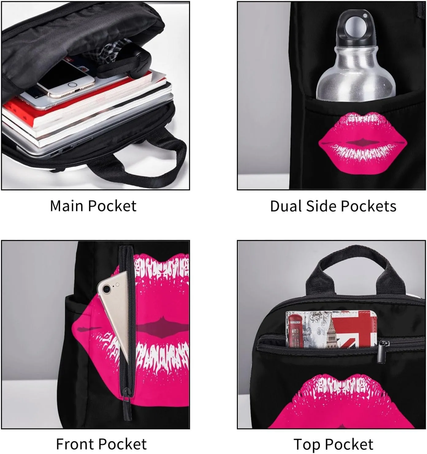 Pink Kiss Kissing Lips Lipstick Lipgloss Casual Backpacks Large Capacity Laptop Backpack Sports Rucksack Travel Daypack Adjustable Shoulder Strap Work Bag for Outdoor Camping