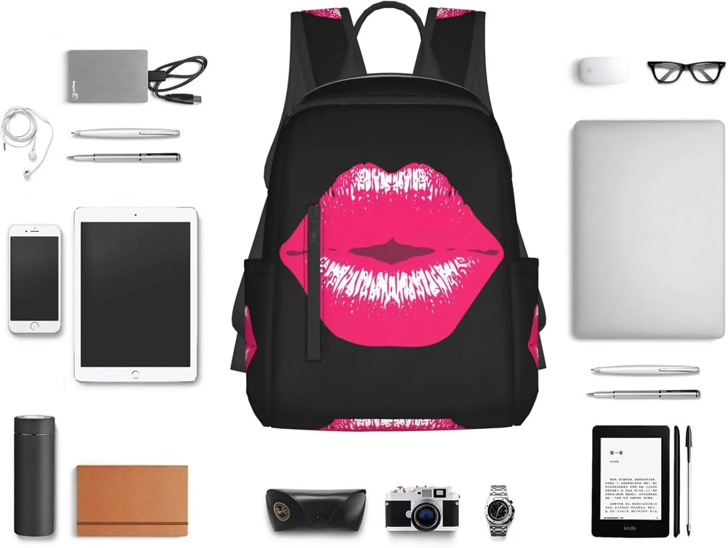 Pink Kiss Kissing Lips Lipstick Lipgloss Casual Backpacks Large Capacity Laptop Backpack Sports Rucksack Travel Daypack Adjustable Shoulder Strap Work Bag for Outdoor Camping