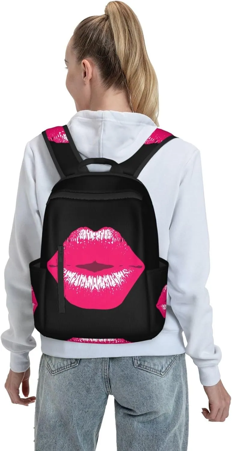 Pink Kiss Kissing Lips Lipstick Lipgloss Casual Backpacks Large Capacity Laptop Backpack Sports Rucksack Travel Daypack Adjustable Shoulder Strap Work Bag for Outdoor Camping