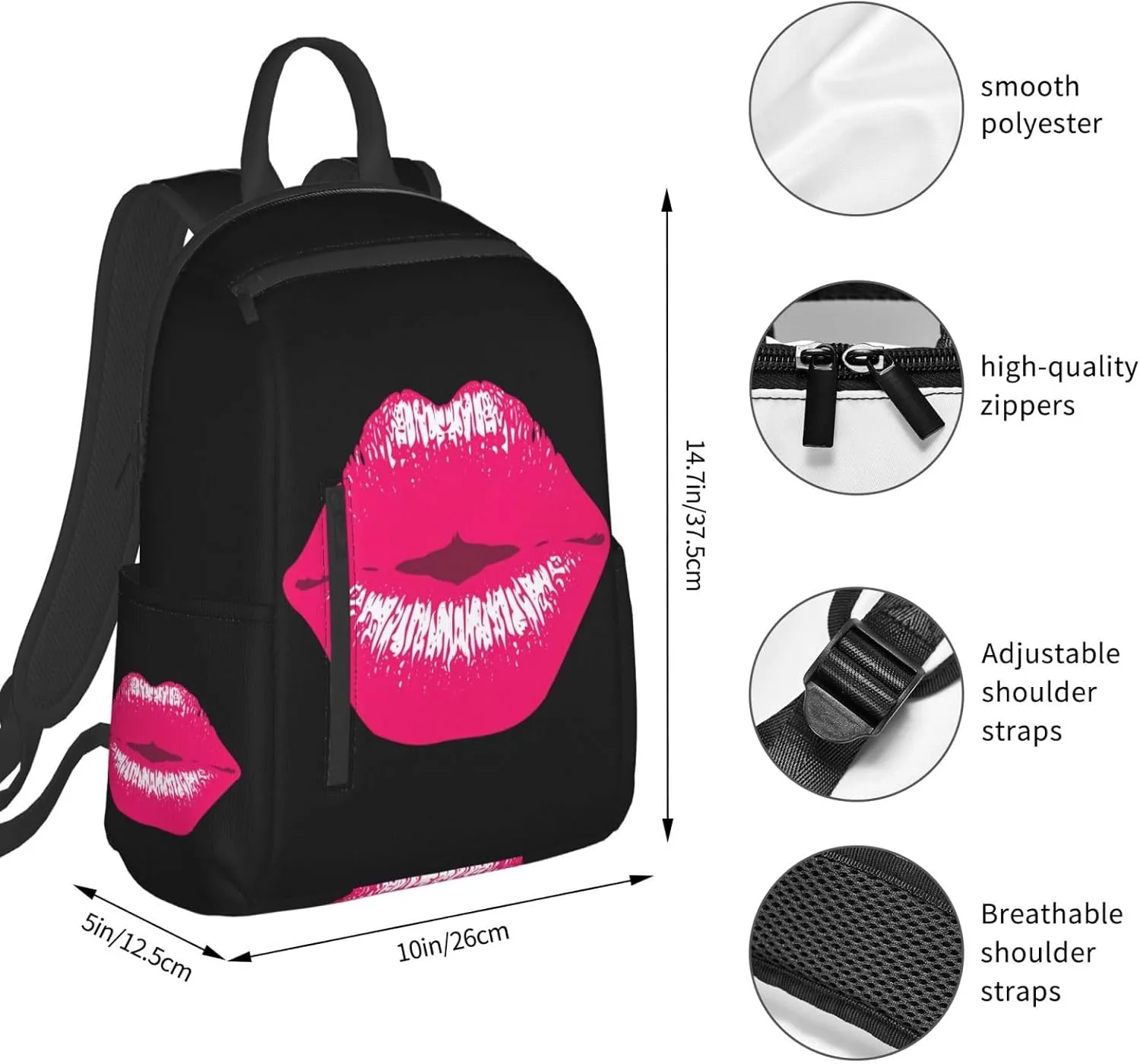 Pink Kiss Kissing Lips Lipstick Lipgloss Casual Backpacks Large Capacity Laptop Backpack Sports Rucksack Travel Daypack Adjustable Shoulder Strap Work Bag for Outdoor Camping