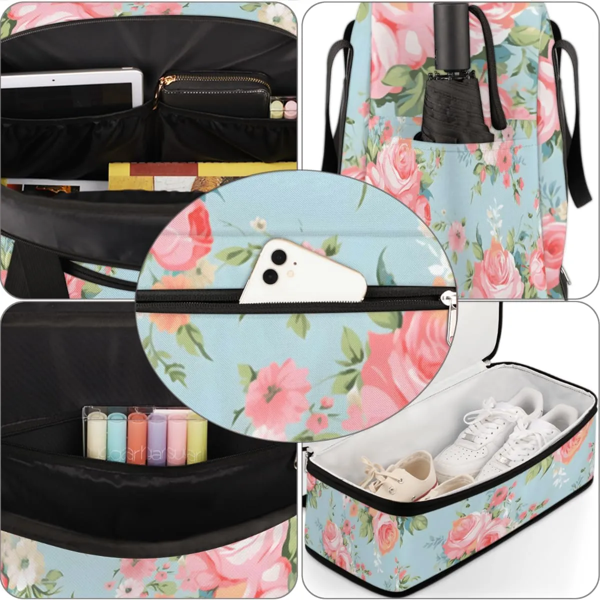 Pink Rose Flower Floral Foldable Duffle Bag with Shoes Compartment Large Capacity Waterproof Travel Weekender Bag Overnight Bag for Sports Gym