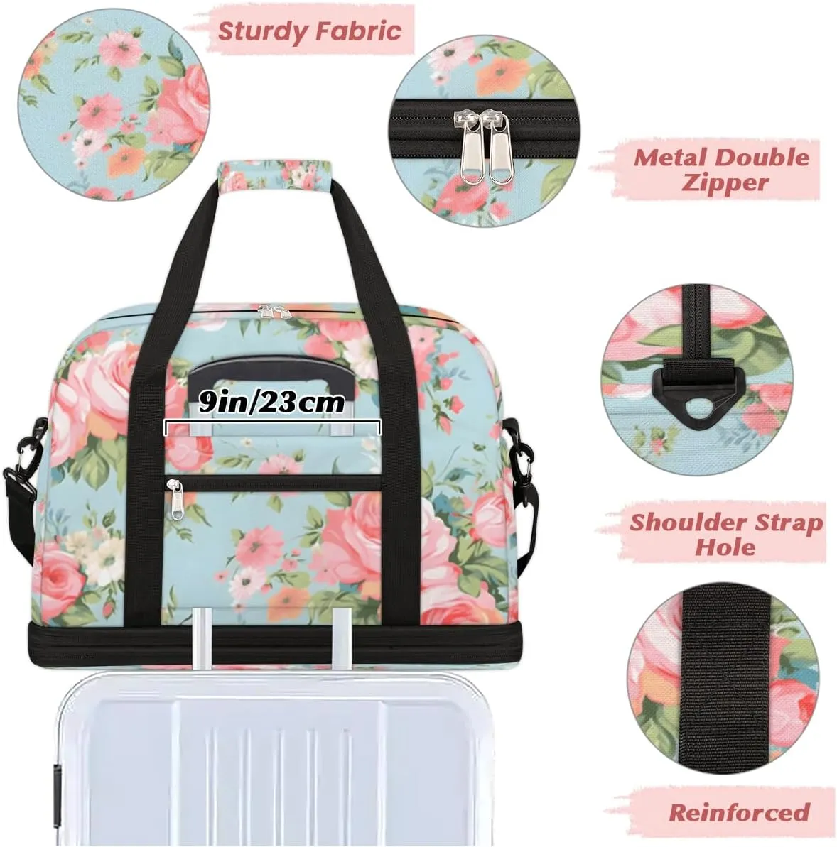Pink Rose Flower Floral Foldable Duffle Bag with Shoes Compartment Large Capacity Waterproof Travel Weekender Bag Overnight Bag for Sports Gym