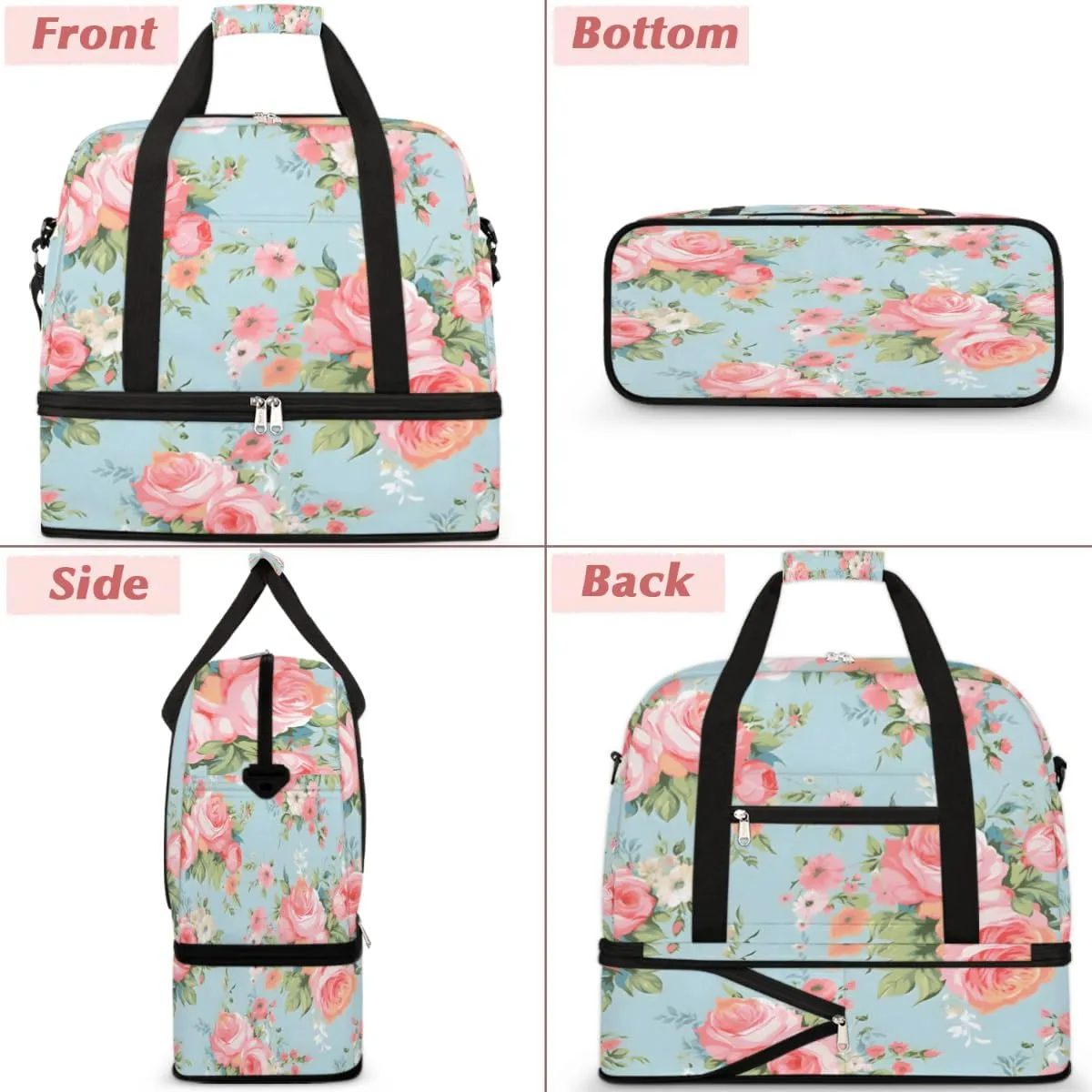 Pink Rose Flower Floral Foldable Duffle Bag with Shoes Compartment Large Capacity Waterproof Travel Weekender Bag Overnight Bag for Sports Gym