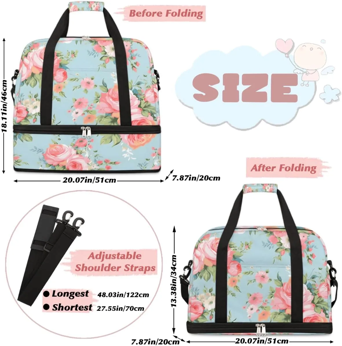 Pink Rose Flower Floral Foldable Duffle Bag with Shoes Compartment Large Capacity Waterproof Travel Weekender Bag Overnight Bag for Sports Gym