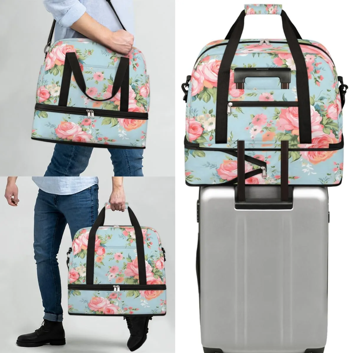 Pink Rose Flower Floral Foldable Duffle Bag with Shoes Compartment Large Capacity Waterproof Travel Weekender Bag Overnight Bag for Sports Gym