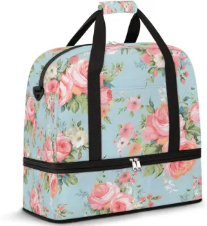 Pink Rose Flower Floral Foldable Duffle Bag with Shoes Compartment Large Capacity Waterproof Travel Weekender Bag Overnight Bag for Sports Gym