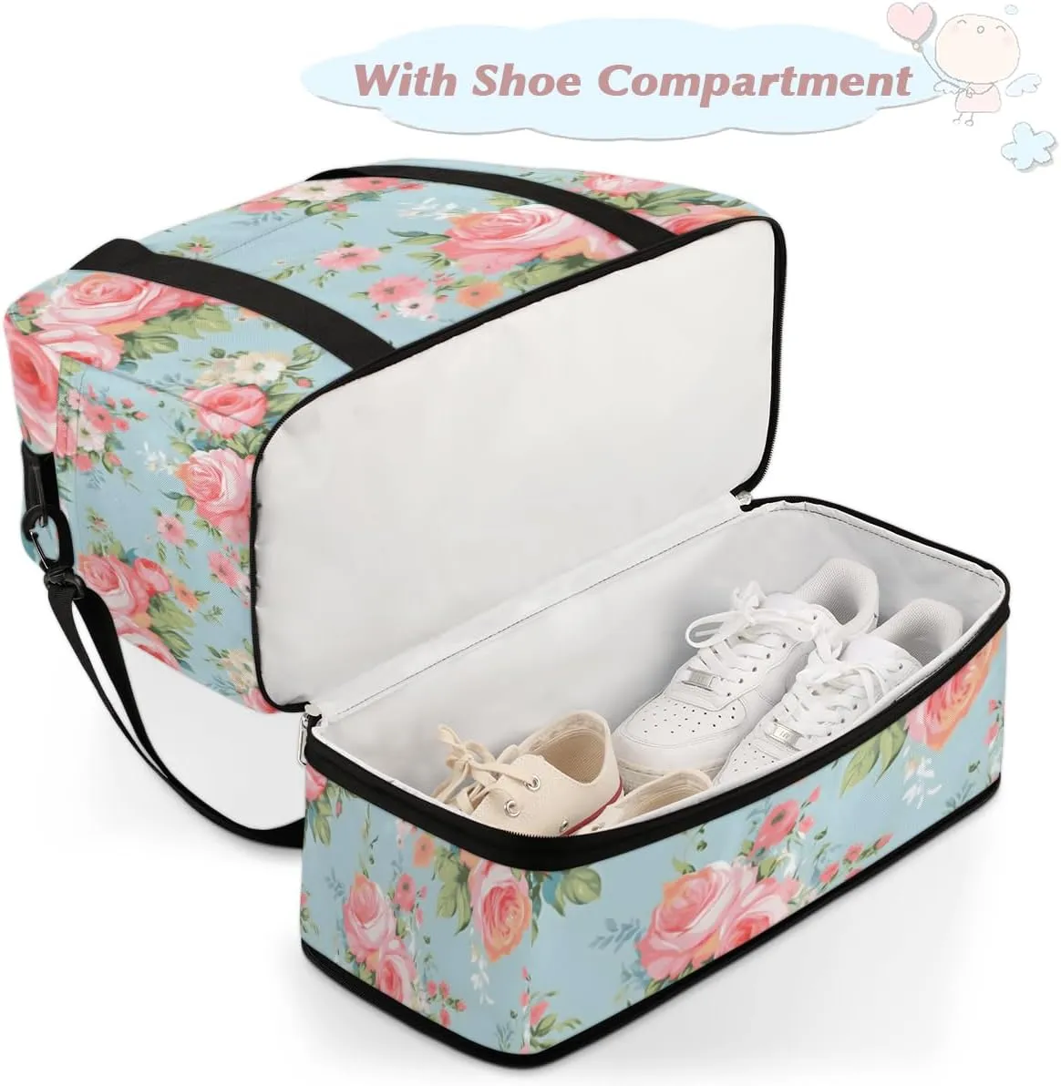 Pink Rose Flower Floral Foldable Duffle Bag with Shoes Compartment Large Capacity Waterproof Travel Weekender Bag Overnight Bag for Sports Gym