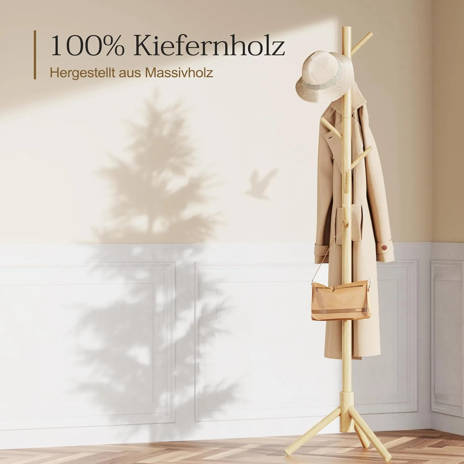 Pipishell Coat Rack Sturdy Wooden Coat Rack Stand, Adjustable Coat Tree, Free Standing Tree Hanger with 4 Sections & 8 Hooks, for Home/Bedroom/Office/Hallway/Entryway