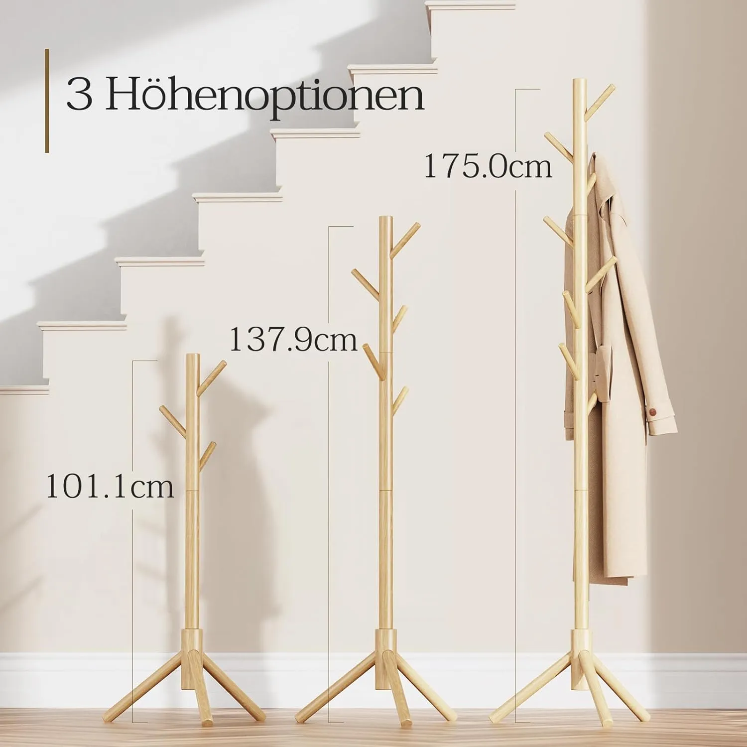 Pipishell Coat Rack Sturdy Wooden Coat Rack Stand, Adjustable Coat Tree, Free Standing Tree Hanger with 4 Sections & 8 Hooks, for Home/Bedroom/Office/Hallway/Entryway