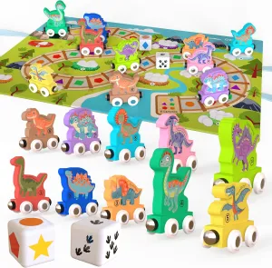 Play and Pack Dinosaur Wooden Train Set Learning Number, Shapes, Colors, Counting, Game Board Bag for Wooden Railway, Number Trains, montesorri Toys, Kids Age 3, 4, 5, 6